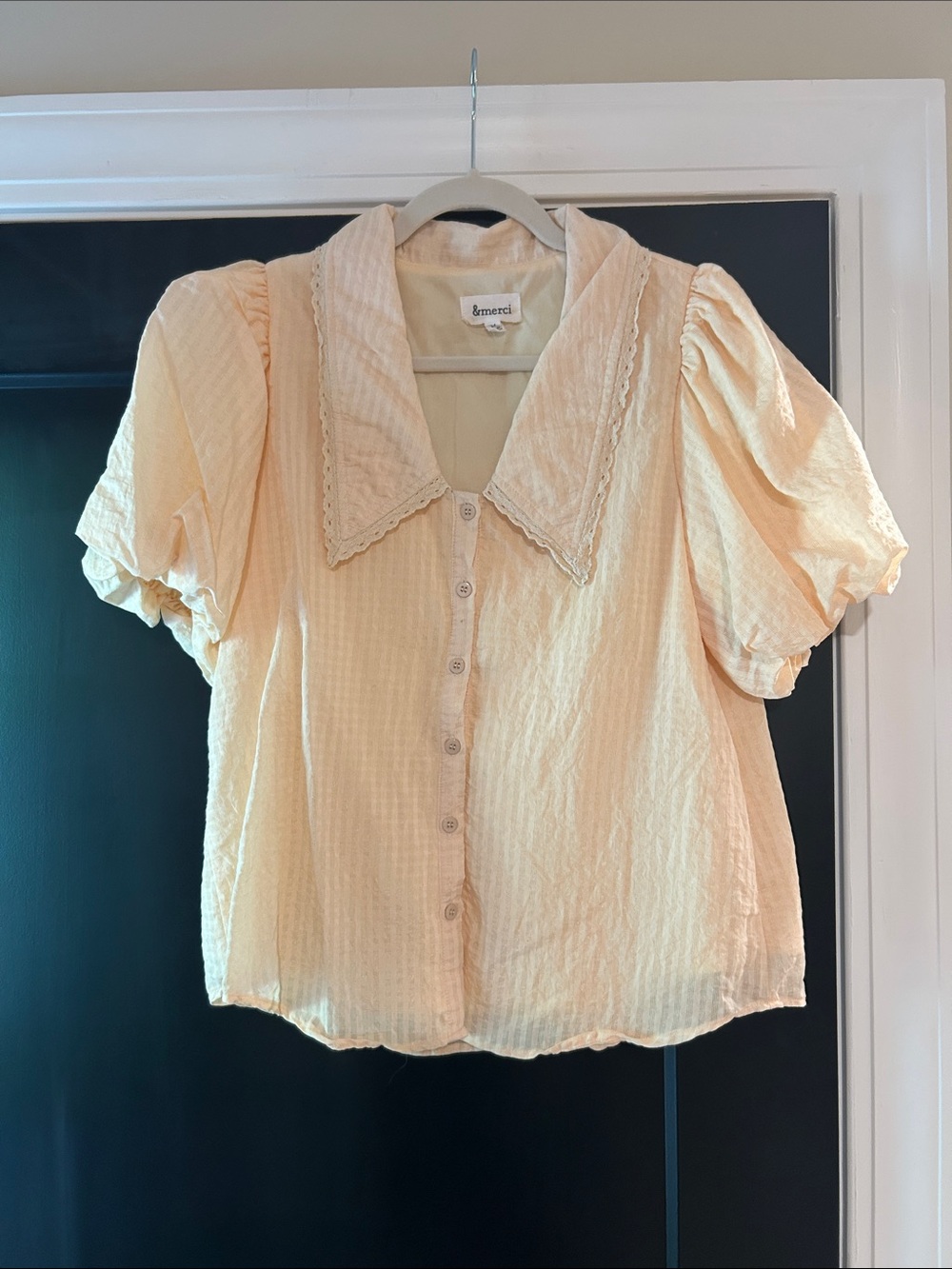 Puff-Sleeve Button Front Blouse in Light Peach